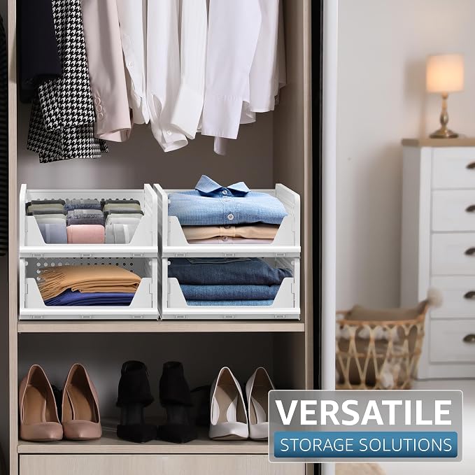 Sorbus 4 Pack Folding Closet Shelf Organizer for Clothes, Versatile Stackable Storage Baskets for Closet, Bathroom, Kitchen and Garage with Easy Access Open Front Design, Plastic Organizer Shelves