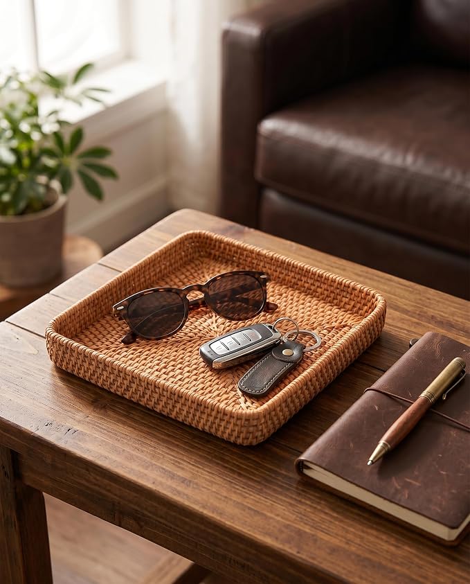 8" Square Rattan Basket Handwoven Wicker Serving Tray | Handwoven Natural Wicker Basket Tray for Entryway Coffee Table Keys Jewelry Remote Vanity Wedding Christmas Housewarming Gift