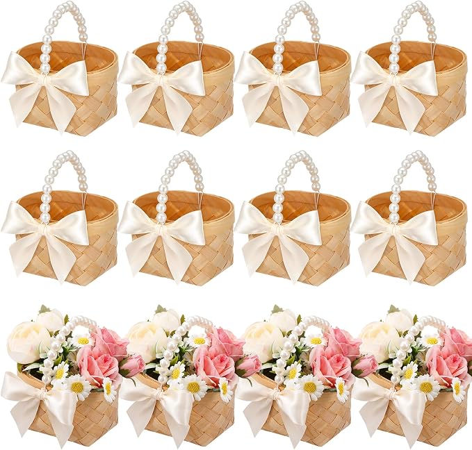 12 Pcs Mini Flower Girl Basket Mini Woven Baskets with Pearl Handles Wood Chip Flower Fruit Picnic Holder with RibbonCh ip Bucket for Wedding Party Gifts Baby Shower Birthday Party Decoration