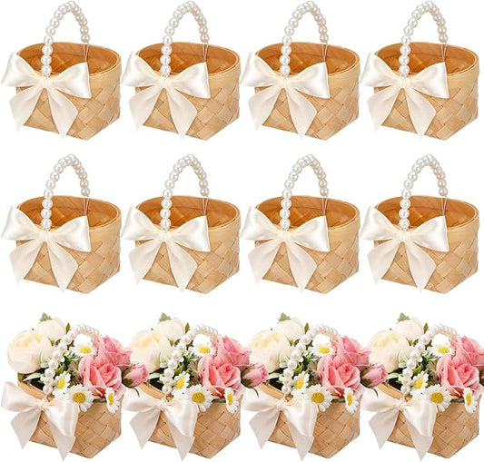 12 Pcs Mini Flower Girl Basket Mini Woven Baskets with Pearl Handles Wood Chip Flower Fruit Picnic Holder with RibbonCh ip Bucket for Wedding Party Gifts Baby Shower Birthday Party Decoration