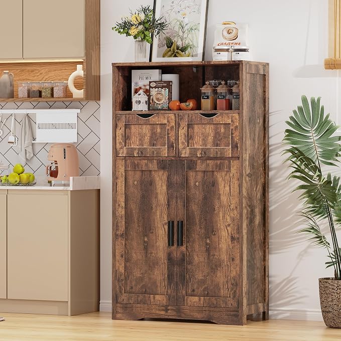 Iwell Storage Cabinet with 2 Drawers & Adjustable Shelves, Cupboard, Floor Cabinet for Living Room, Home Office, Rustic Brown