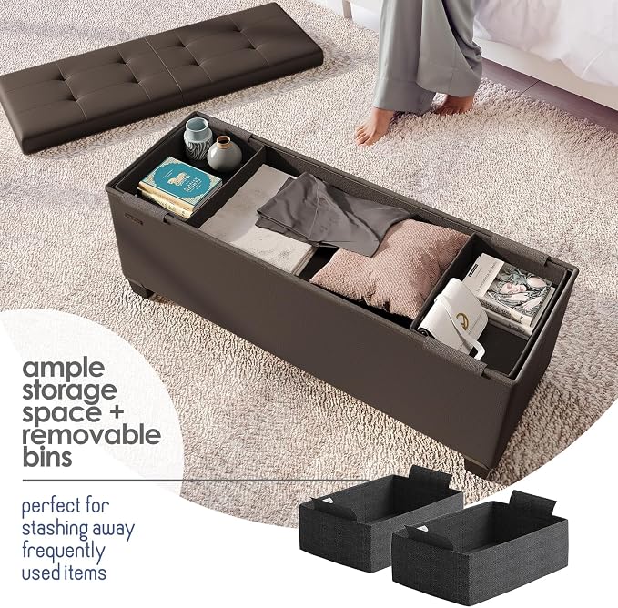 Storage Ottoman Bench with Bins, 43-in Storage Bench for Bedroom End of Bed, Folding Foot Rest Ottoman for Living Room Max 660lbs, Faux Leather Ottomans, Brown