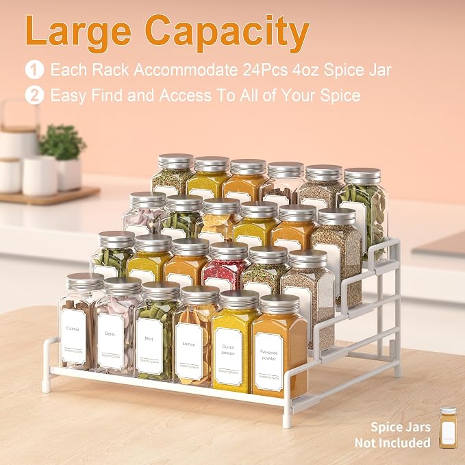 RUILALIFE 4-Tier-Spice-Rack-Organizer-for-Cabinet, Adjustable Depth Spice Holder Shelf For Countertop Pantry Cupboard, Metal Tiered Seasoning Organizer,Display Shelf Riser (White-2 Pack)