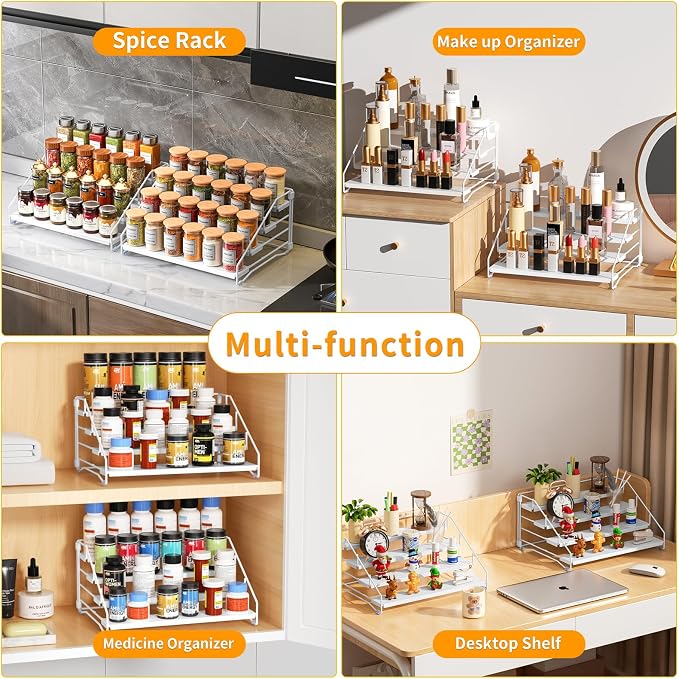 2 Pack Spice Rack Organizer for Cabinet, Depth Adjustable 4 Tier Spice Rack | White, Metal Spice Organization for Cabinet, Easy Visibility, Tiered Spice Rack Perfect for Cabinet, Pantry and Countertop