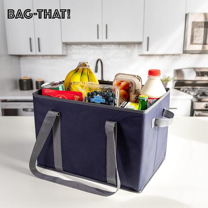 BAG-THAT! 4pk Reusable Grocery Bags Shopping Bags Tote Box Large Heavy Duty Groceries Bag Handles Foldable Reinforced Bottom (Navy Blue/Gray)