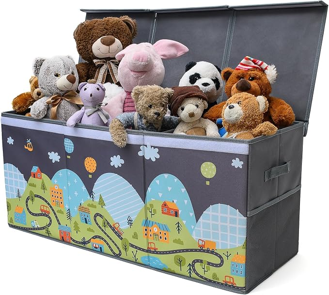 SoftOwl Extra Large Toy Storage Organizer with Lid - Sturdy, Collapsible Toy Chest Storage Box with Cute Design - Toys Bin with Dividers for Kids, Boys, Girls, Nursery, Bedroom, Play room 37"x16"x14"