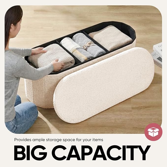 43 Inches Oval Ottoman with Storage, Boucle Sherpa Storage Ottoman Bench, Folding Foot Rest Chest for Bedroom Living Room