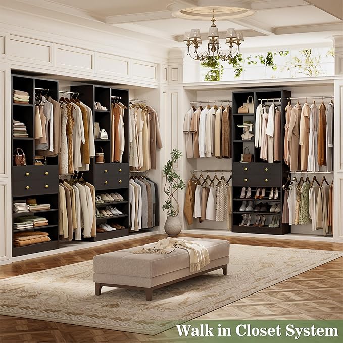 Besiost Closet System, Up to 134"/11.2 FT Closet Organizer with 4 Wooden Drawers and Shelves, Walk-in Closet System with 6 Hanging Rods, Built-in Closet Can Fit 96"/8FT, 120"/10FT, Black Set 2
