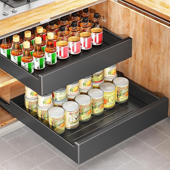 Pull Out Cabinet Organizer with Nano Adhesive, Heavy Duty Full-Extension Slide-Out Drawer for Kitchen Cabinet Organizers and Storage, No Drill Roll out Pantry Shelf, 18.5"W x 16.9"D x 3.1"H , Black