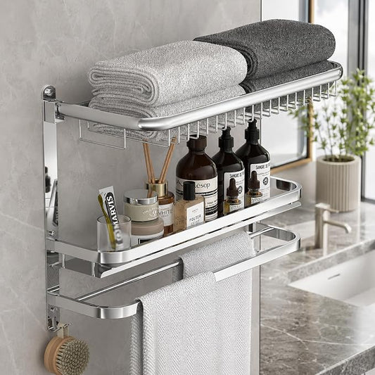 23 Inch Towel Rack for Bathroom with 3 Tier Shelf Double Bar Hook (Silvery) | 90 Degree Foldable Top Design, Wall Mounted Storage Shelf of 304 Stainless Steel, No Drill or Screw Installation