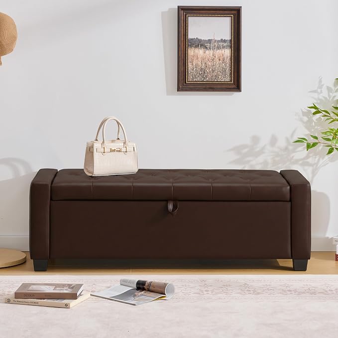 Huatean Home 48" Ottoman with Storage, Dark Brown Storage Ottoman Bench | Upholstered Entryway Bench with Seating for Bedroom, Living Room, with Safety Hinge, Holds up to 330 lb
