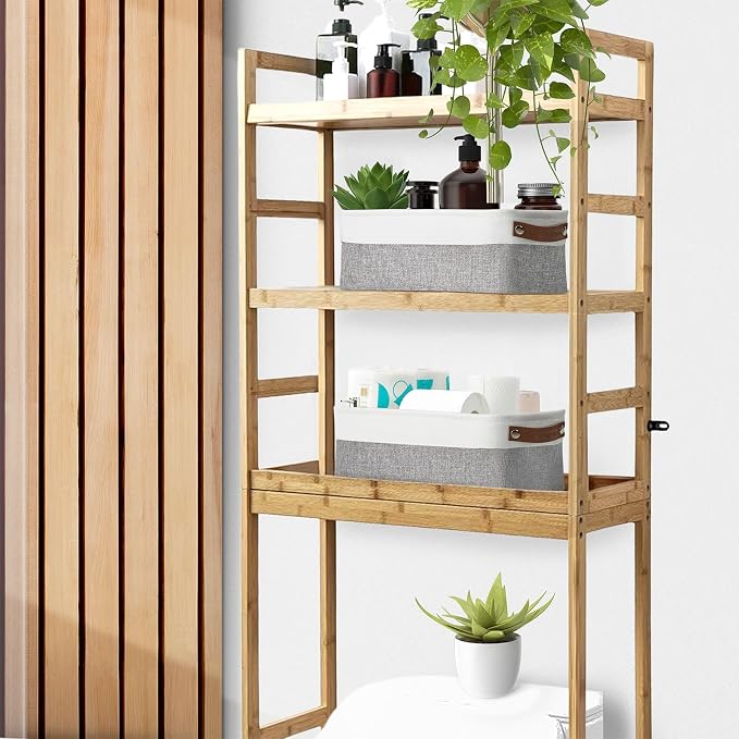 DECOMOMO Narrow Storage Bins, Small Storage Baskets for Shelves 4 Pack | Baskets for Organizing Bathroom, Toilet Tank, Gifts (Grey and White)