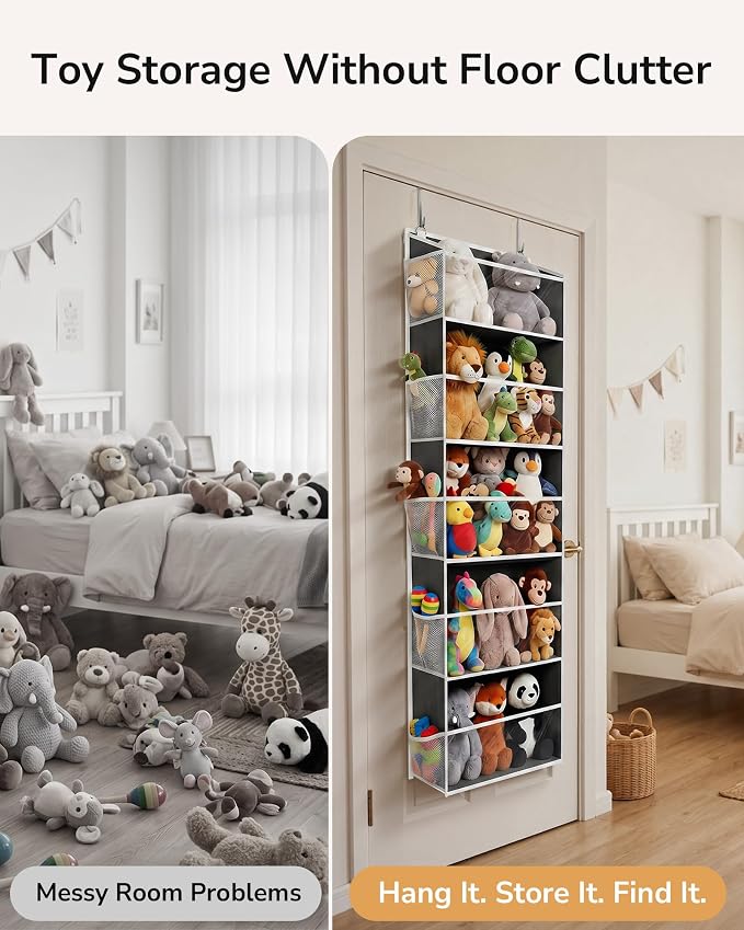 ULG Stuffed Animal Organizer Over the Door, Large Hanging Plush Toy Storage with Mesh Window, Cotton Kids Toy Organizer for Bedroom, Nursery, Playroom & Baby Items Dark Grey