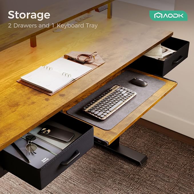AODK 55 Inch Standing Desk with Drawers & Keyboard Tray, Rustic Brown | 3 Outlets & 2 USB Ports, LED Lights, Monitor Stand, Cable Management Tray, 3 Memory Heights, 29.9"-46.1" in Range