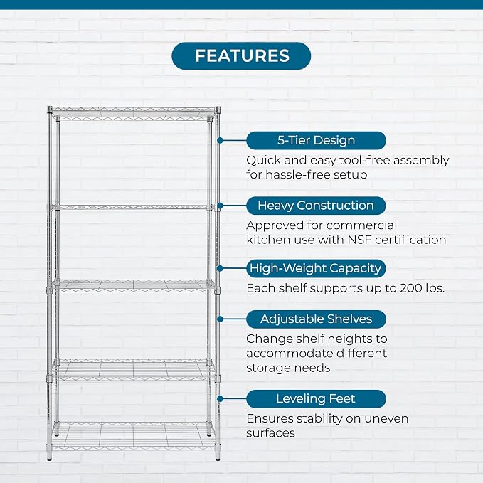 Honey-Can-Do 5-Tier Heavy Duty Adjustable Shelving Unit, 200-lb Per Shelf NSF Certified Metal Storage Rack, Chrome Wire Shelf for Garage Kitchen Pantry, 36 x 14 x 72 in