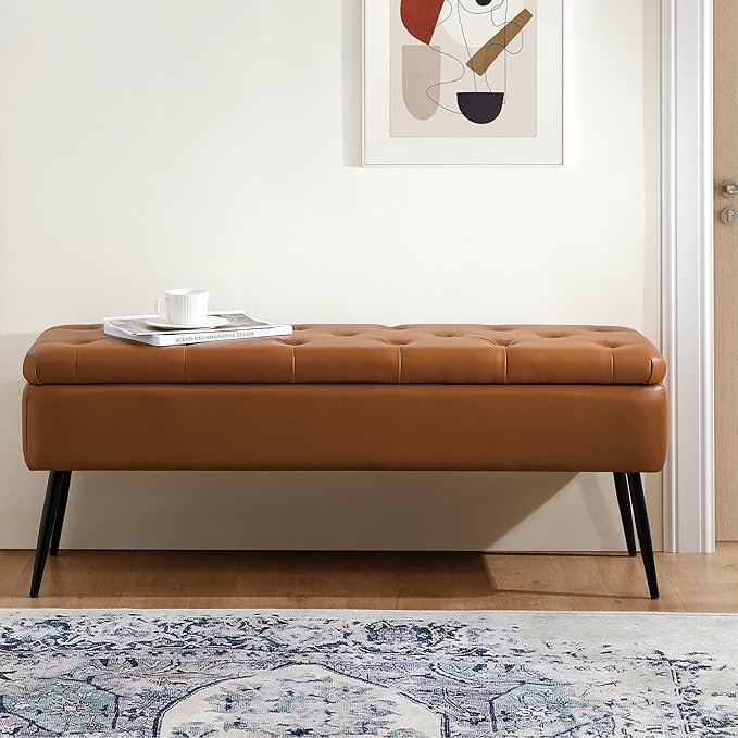 kinmars Leather Storage Ottoman Bench, End of Bed Bench with Steel Legs | Brown Leather Button Tufted Design | 660 lb Capacity | Safety Hinges | Mid-Century Modern Style | Bedroom & Entryway