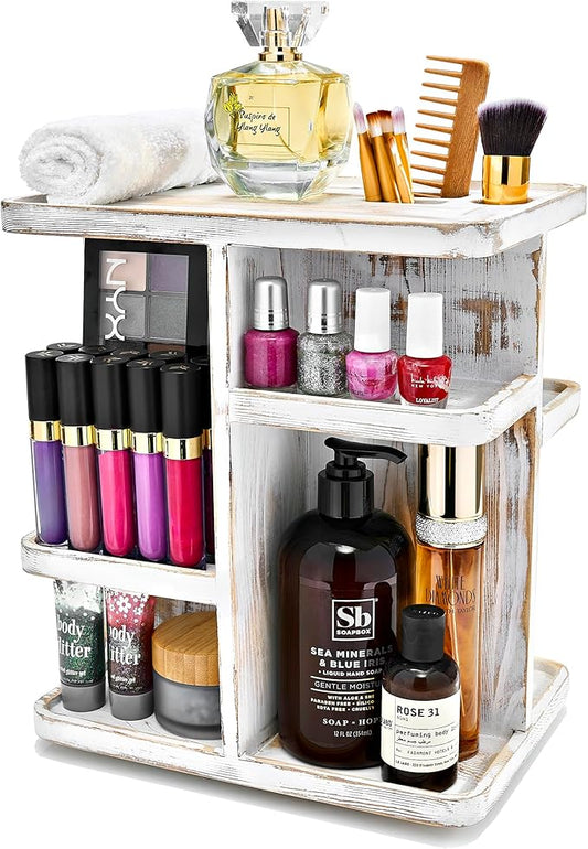Sorbus 360° Makeup Organizer - Grey Rustic Wood Make Up Storage Carousel for Cosmetics, Skin Care Rotating Makeup Organizer for Vanity, Bathroom Storage