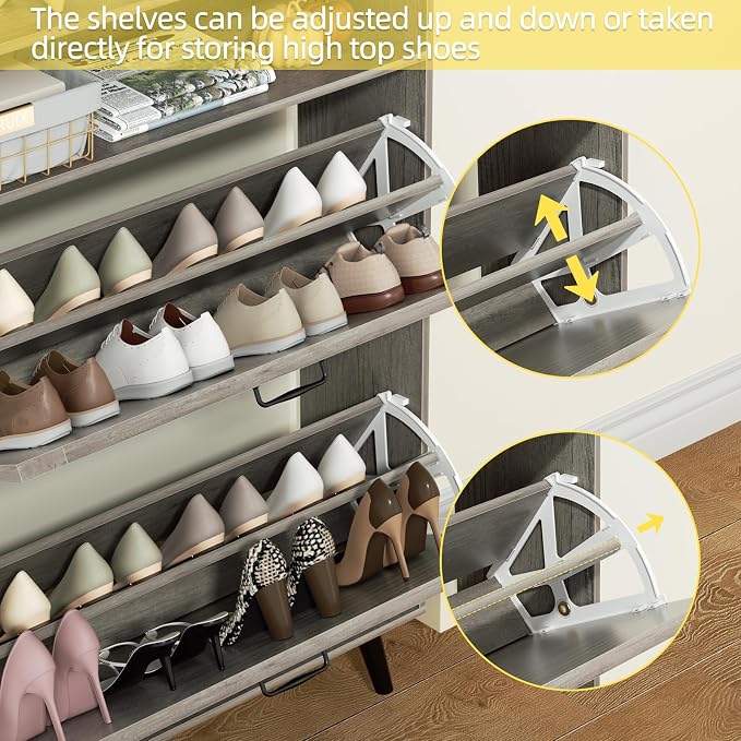 EOYUTLLY Shoe Cabinet with Bench, Shoe Organizer Cabinet with 2 Flip Drawers & Open Shelf, Narrow Shoe Storage Cabinet for Entryway, Freestanding Shoe Rack with Legs, Grey