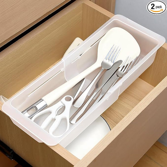 2 Pack Adjustable Deep Drawer Organizer Storage Bin(12.4" to 18”) | Expandable Drawer Storage, Adjustable Size, Kitchen Cabinet Organization
