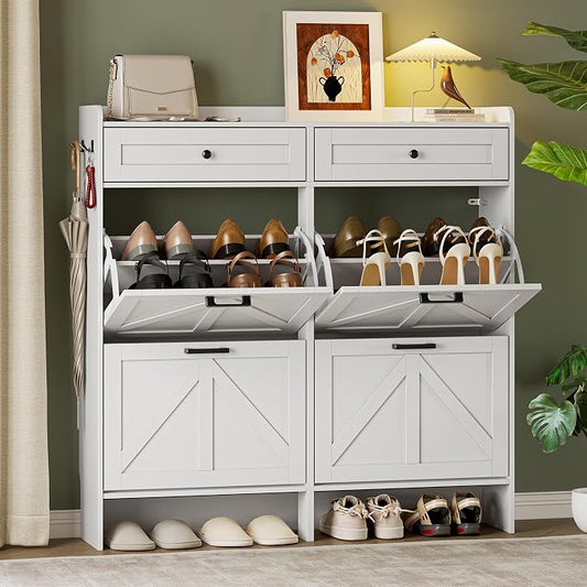BORNOON Shoe Storage Cabinet for Entryway, Farmhouse Wide Shoe Cabinet with 4 Flip Drawers and 2 Top Drawers, Freestanding Organizer with Adjustable Shelves, Hooks, and Anti-Tip Kit for Hallway