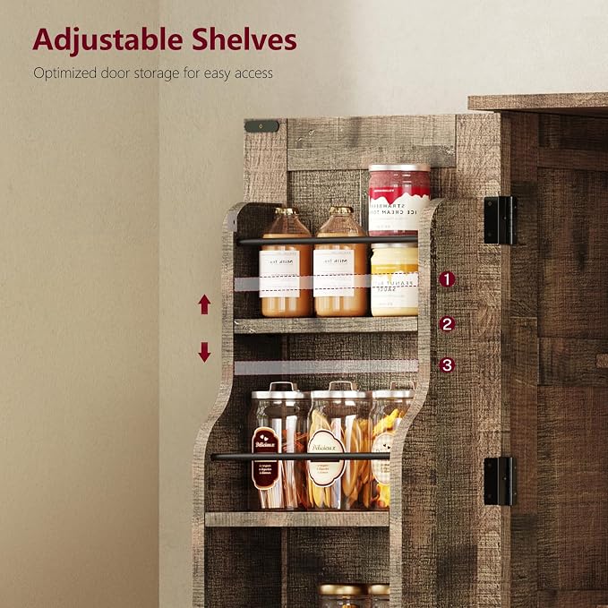Storage Cabinet with 4 Doors, 43.3" H Farmhouse Kitchen Cabinet with 6 Door Shelves, Kitchen Storage Cabinets with Adjustable Shelves, for Living Room, Antique Oak