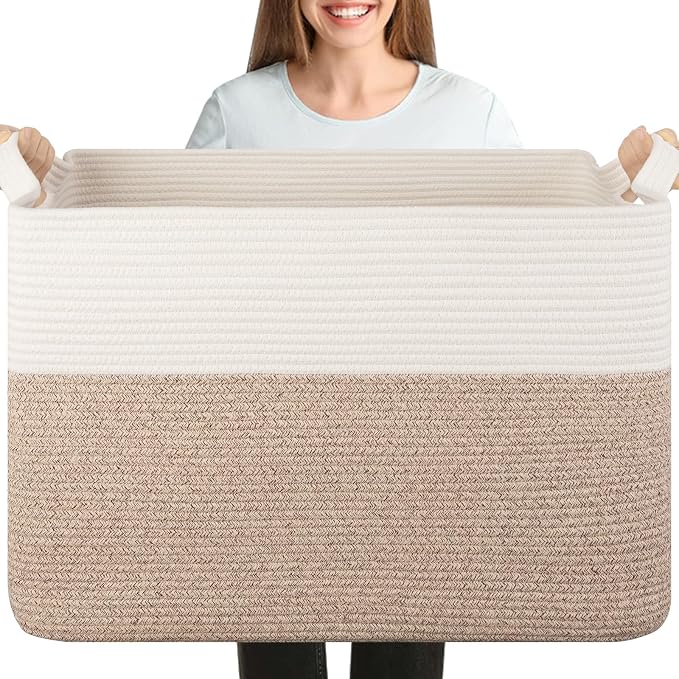 OIASKET 108L Cotton Rope Storage Basket for Living Room and Bedroom 25"x16"x16" Woven Laundry Basket, Heavy Duty Bin for Blankets, Pillows & Toys, Pet-Safe & Scratch-Free, Brown and White