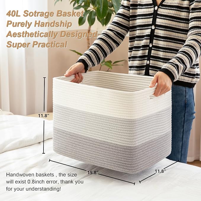 2 Pack Woven Storage Baskets for Closet, Toy Basket with Handles | Large Baskets for Organizing Shelves, Closet Storage for Blanket Living Room, Bedroom, Nursery, 15.8" x 11.8" x 11.8"
