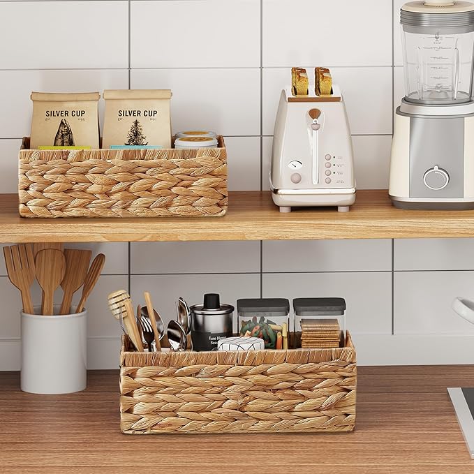 Wicker Storage Basket, Set of 2 Hand-Woven Water Hyacinth Wicker Baskets for Organizing Decor Storage Bins for Counter Shelves Pantry Basket Small Toilet Paper Basket for Toilet Tank Top