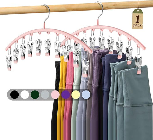 Metal Yoga Pants Hangers 1 Pack w/10 Clips Holds 10 Leggings, Space Saving Hanging Closet Organizer w/Rubber Coated Closet Organizers and Storage, Pink