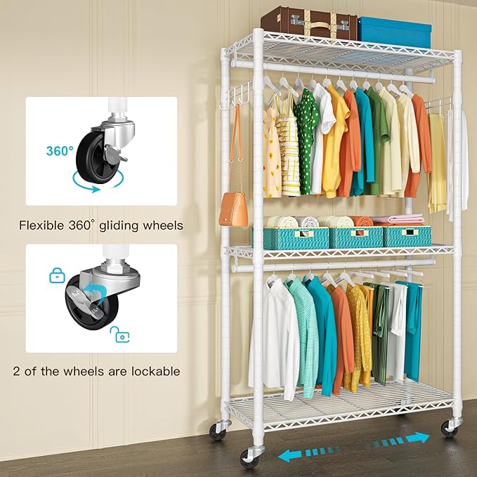 FUTASSI P1 Heavy Duty Garment Rack, 3 Tiers Adjustable Rolling Metal Closet | White Clothing Organizer with Lockable Wheels, Free-Standing Wardrobe with Double Hanger Rods and Hooks, Max Load 450lbs