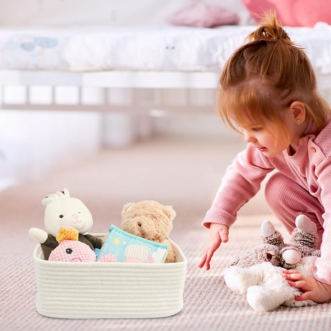 XUANGUO Small Woven Storage Baskets for Shelves, 13" x 9" x 5", White | Decorative rope storage bins for closets and toy storage; cute organizer baskets, empty gift baskets and nursery storage.
