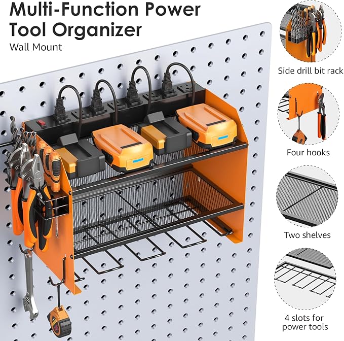 CCCEI Wall Mount Modular Tool Charging Organizer, Orange, 1 Pack, 3 Tier. | Drill Battery Storage Rack with Hooks, Garage Workshop, Gifts for Men, Dad, Husband Anniversary, Birthday, Christmas