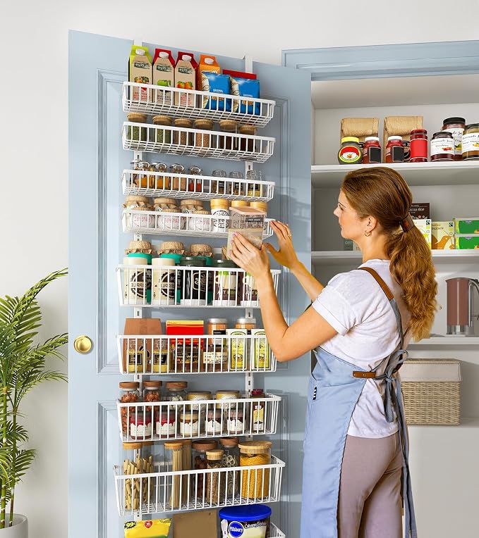 Mefirt White 9-Tier Over The Door Pantry Organizer, Pantry Organization | Pantry Hanging Organizers and Storage, Adjustable Heavy-Duty Metal for Home & Kitchen, Back of Door Seasoning Rack