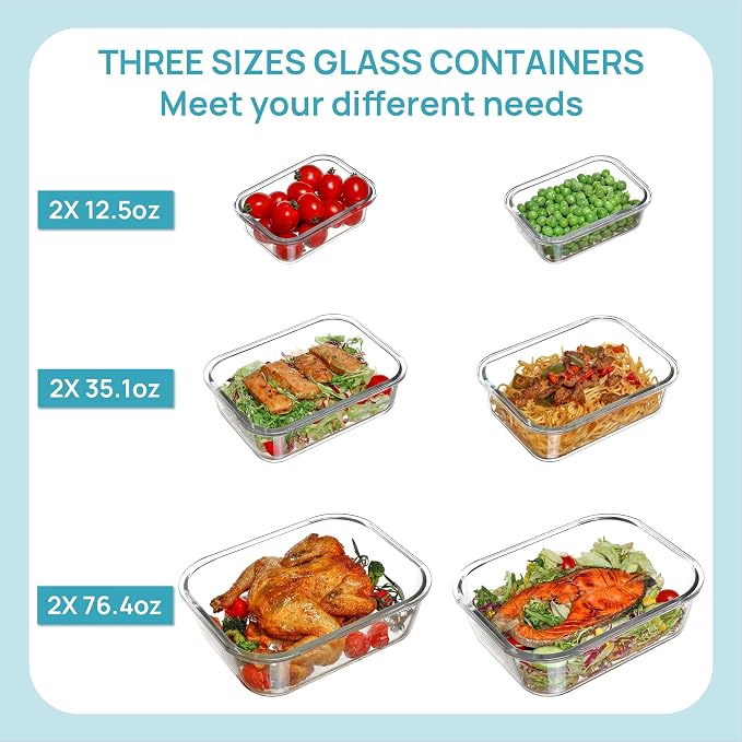Vtopmart 2.26L/76oz Extra Large Glass Food Storage Containers with Lids, 6 pack Meal Prep Container Set, Airtight Lunch Boxes with Snap Locking Lids for Microwave, Oven, Freezer, Dishwasher | Meal Prep Container Set, Airtight Lunch Boxes with Snap Lock...