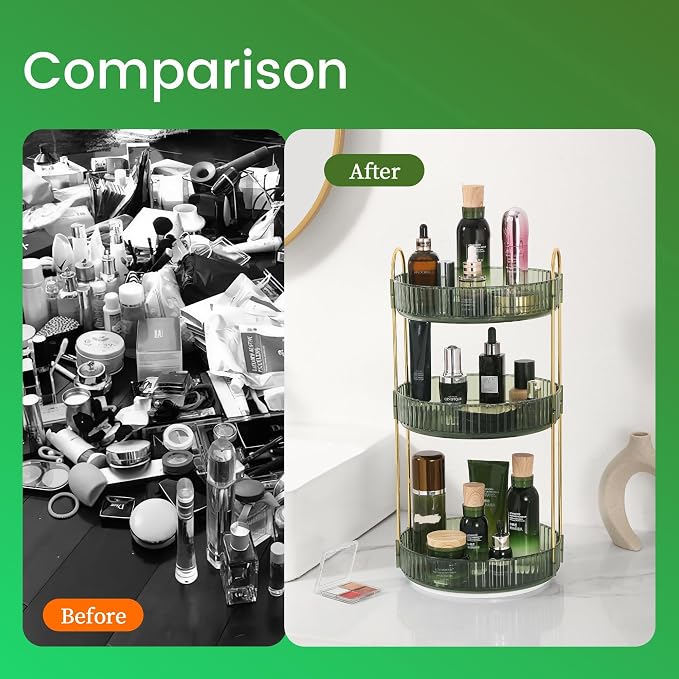 Aveniee Rotating Makeup Organizer for Vanity, Perfume Skin Care Organizers Large, Bathroom Counter Make Up Cosmetic Storage, Clear Spinning Skincare Lipstick Holder,3 Tiers, Green