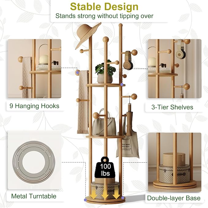 FROMJBEST Coat Rack Freestanding,Coat tree Entryway,Mid-Century,Nature Wood | Freestanding, Solid Wood, 9 Hooks & 3 Shelves, for Entryway, Hallway, Bedroom, Living Room, Office, Holds Bags, Hats, Purses