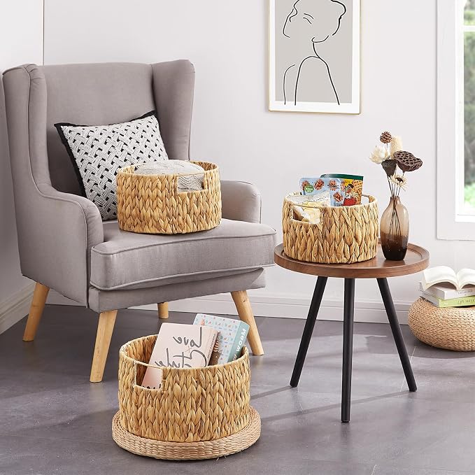 Wicker Storage Basket, Hand-Woven Water Hyacinth Large Round Woven Basket With Handles, Wicker Baskets for Organizing/Storage, 3-Pack