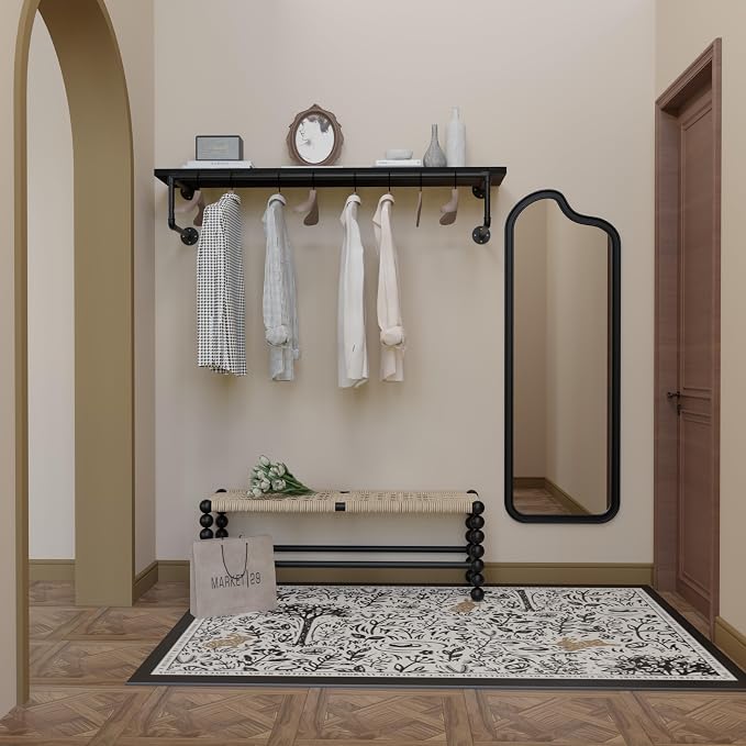 Clothes Rack 48in, Wall Mounted Garment Racks with Real Black Wood Shelf, Heavy Duty Hanging Clothes Rack, Multi-Purpose Hanging Rod, Space-Saving Closet Storage