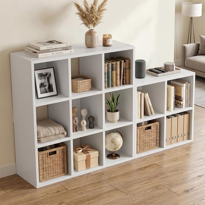 LUCKLIFE 9-Cube Storage Organizer, Stackable Modular Bookcase Shelf with Vertical or Horizontal Use, Fits 11×11" Bins, Optional Back Panels, for Living Room, Office, White