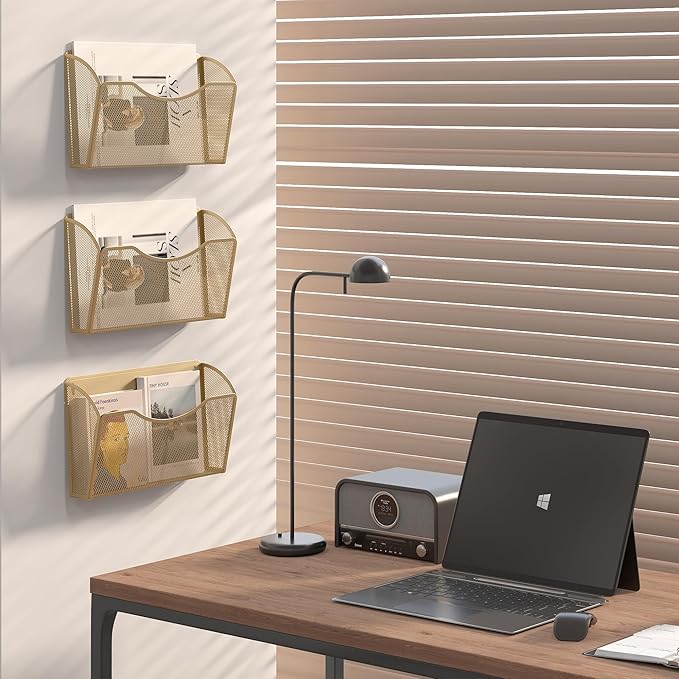 EasyPAG Wall File Organizer, Metal Mesh Hanging File Folder Holder for Letter/A4 Size Folders, Vertical Wall Mount Mail Sorter for Office Paperwork, Classroom, Gold
