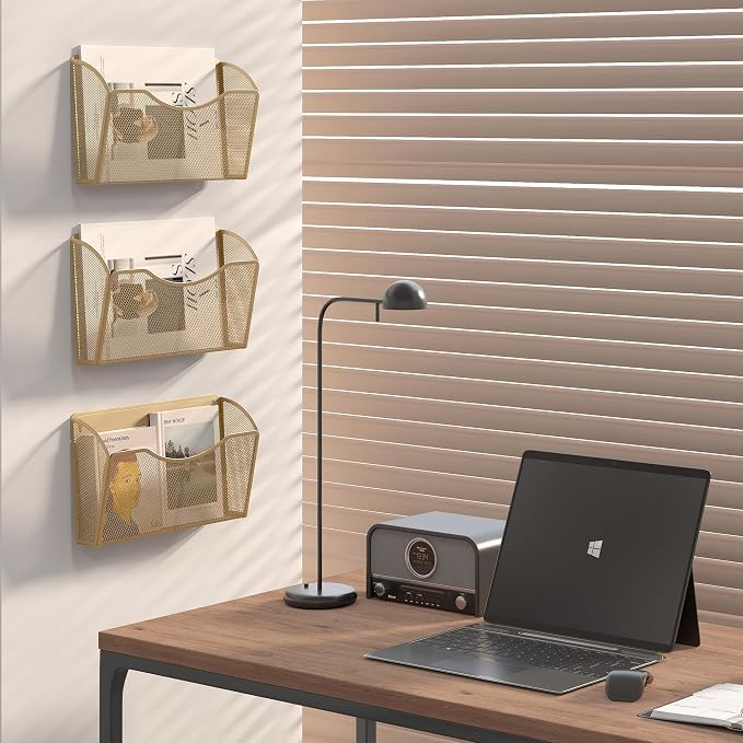 EasyPAG Wall File Organizer 3 Pack, Hanging File Organizer Wall Mount, Metal Mesh Folder Holder for Letter/A4 Papers, Mail Sorter for Office, Classroom, Home, Gold