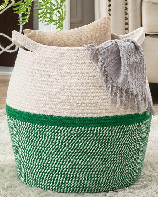 KAKAMAY Woven Baskets for Storage(17"x17"),Large Cotton Rope Woven Baby Laundry Hamper,Collapsible Laundry Basket, Blanket Basket for Organizing Living Room,Nursery,Pillows,Toy Chest(Green)