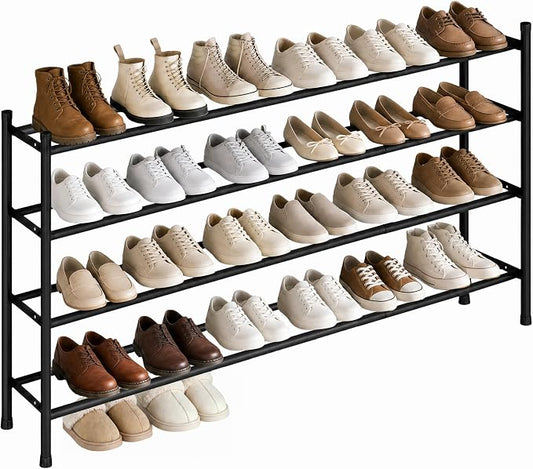 STORAGE MANIAC Long Expandable Shoe Rack, 24 Pairs Metal Wide Stackable Shoe Rack, Adjustable Shoes Shelf, Freestanding Shoes Organizer for Closet, Entryway, Hallway, Garage, Front Door, 4 Tiers