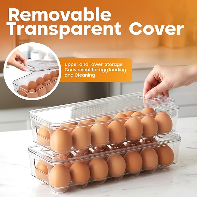 Utopia Home Egg Container With Lid and Handle for Refrigerator - Pack of 3 - Clear Stackable Egg Holder for Kitchen Storage and organization