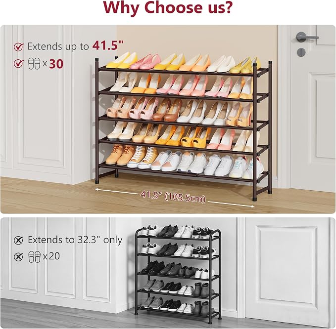 Expandable Shoe Rack for Closet 5 Tier, 28“-41“Stackable, Bronze | Adjustable Shoe Organizer Closet Shoe Rack Floor, Metal Shoe Shelf Storage for Entryway, Closet, Garage, Front Door Entrance