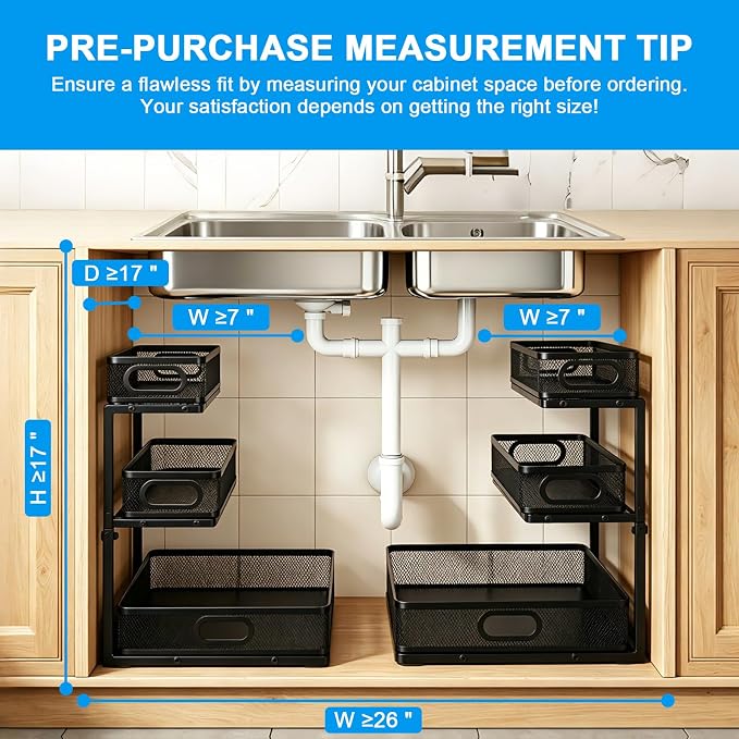 Under Sink Organizer,3-Tier Thickened Metal Pull out Cabinet OrganizerShelf | Height Adjustable Slide out Storage Drawer Rack for under sink organizer bathroom Kitchen,Laundry Room & Pantry