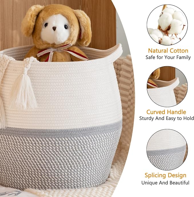 KAKAMAY Woven Baskets for Storage(17"x17"),Large Cotton Rope Woven Baby Laundry Hamper,Collapsible Laundry Basket, Blanket Basket for Organizing Living Room,Nursery,Pillows,Toy Chest(Grey)
