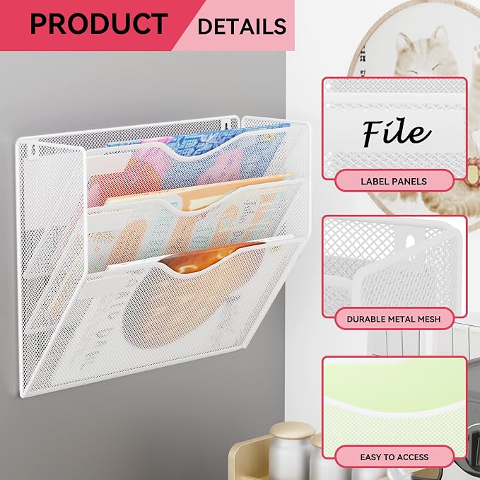 3-Tier Magnetic File Holder, No Drilling Wall File Organizer, File Folder Bins, Mail & Magazine Rack, Magnetic Paper Document Holder for Refrigerator File Cabinets Whiteboard, White