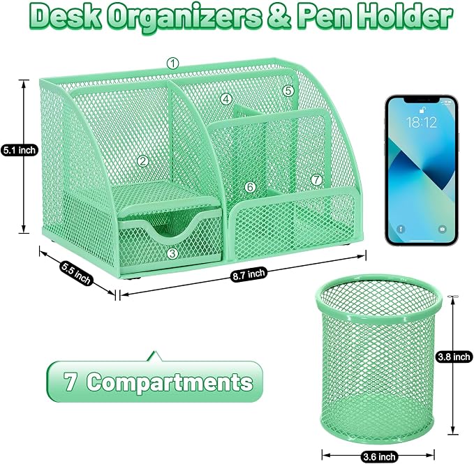 SYMDROMIA 13-in-1 Office Desk Organizer Set with Stapler and Tape Dispenser, Pen Holder, Scissors, Ruler, Hole Punch, 2 Pens & More Desktop Accessories for Back to School Supplies (Green)