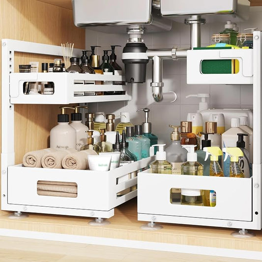 2 Pack 17IN-Depth Under Sink Organizer,Pull Out Cabinet Organizer With Smooth Cylindrical Rail,Metal Slide Out Drawer for Kitchen Bathroom Laundry,8-Level Tool Free Height Adjustable-White